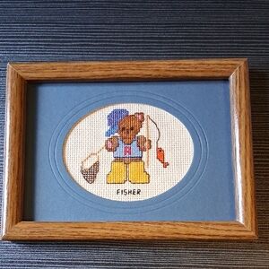 Framed Cross-Stitch Bear Fisherman Wall Art - Blue Mat